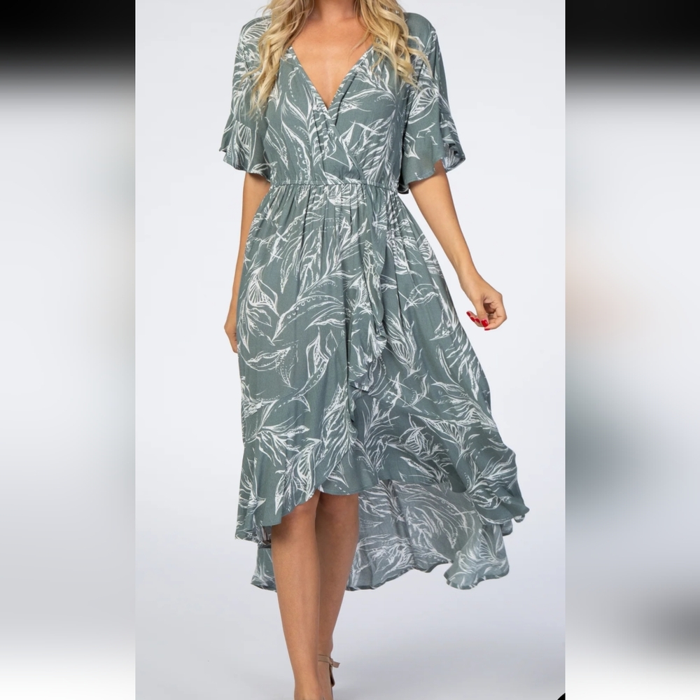 Sage Leaf Print Hi-Low Wrap Midi Dress Plus Size 1X New with tags